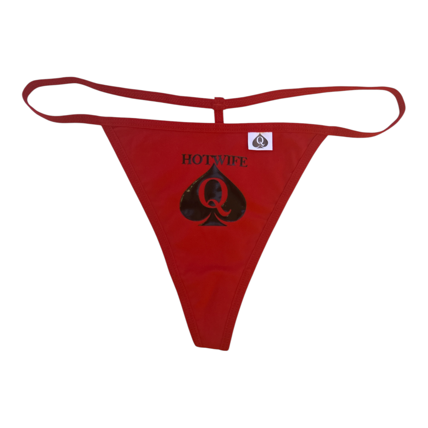 Red thong-style lingerie with a black spade graphic and the word 'HOTWIFE' printed on the front, shown on a plain white background.
