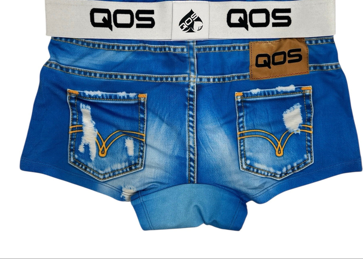 Blue denim shorts with a visible brand logo on a white background