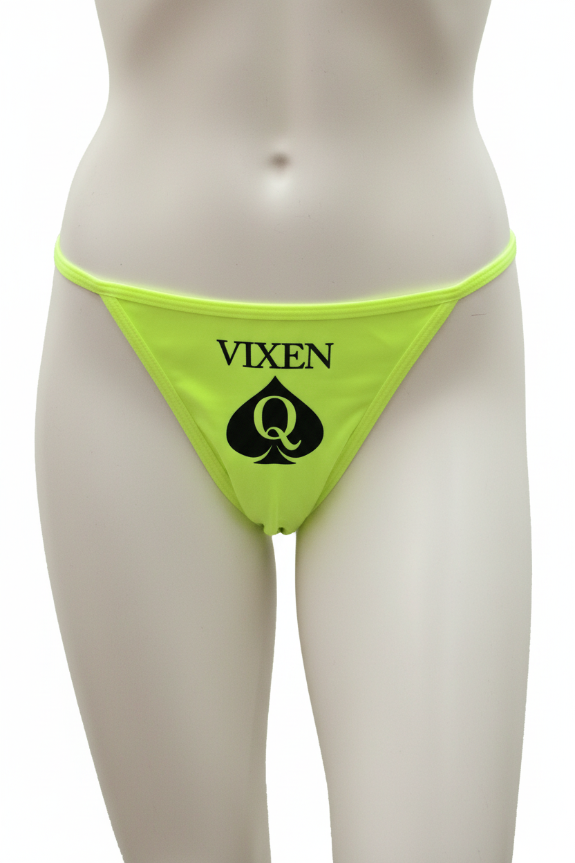 A neon green g-string with the word 'VIXEN' and a spade symbol printed on the front.