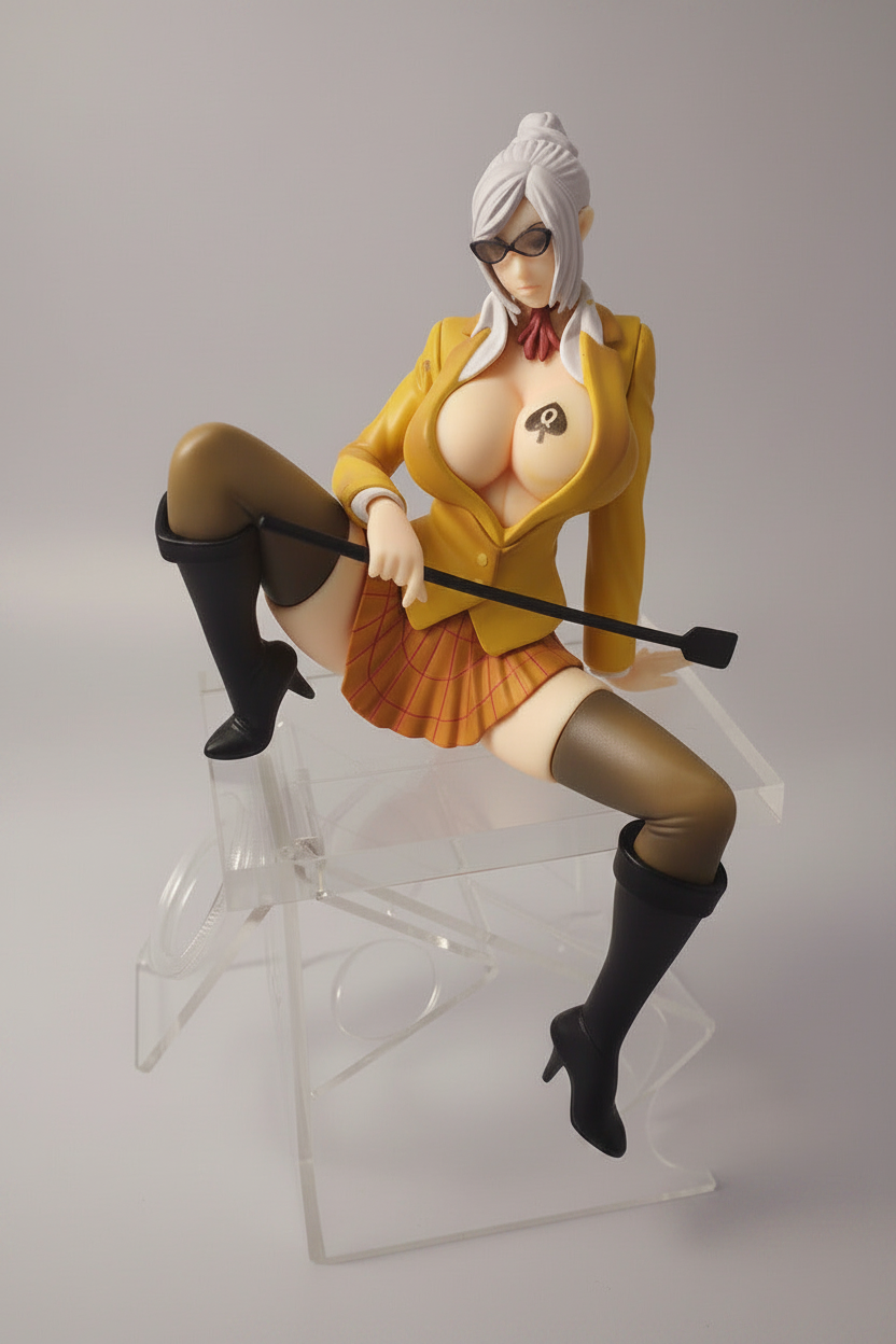 An anime figurine of a female character with white hair and glasses, wearing a yellow blazer, orange pleated skirt, and black thigh-high stockings, posed sitting on a clear acrylic stand.