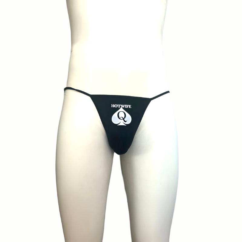 A black G-string with the 'Queen Of Spades' logo on the front, displayed on a mannequin.