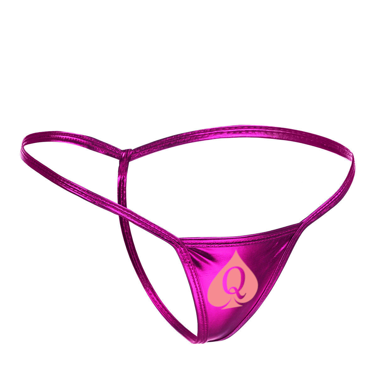 This image features a striking metallic hot pink gold thong with the "Queen of Spades" logo prominently displayed. The thong has a micro G-string waistband that is adjustable, providing a versatile fit for sizes ranging from small to extra-large.