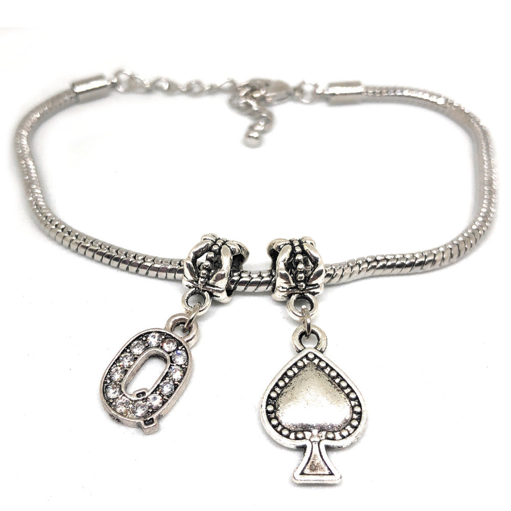 Queens Of Spades - Crystal "Q" Spade Charm Anklet - Hotwife Gunmetal/Silver Chain