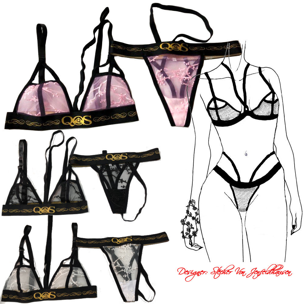 QOS BRAND - Queen Of Spades Hollow Out Strap Lace Lingerie Set - White