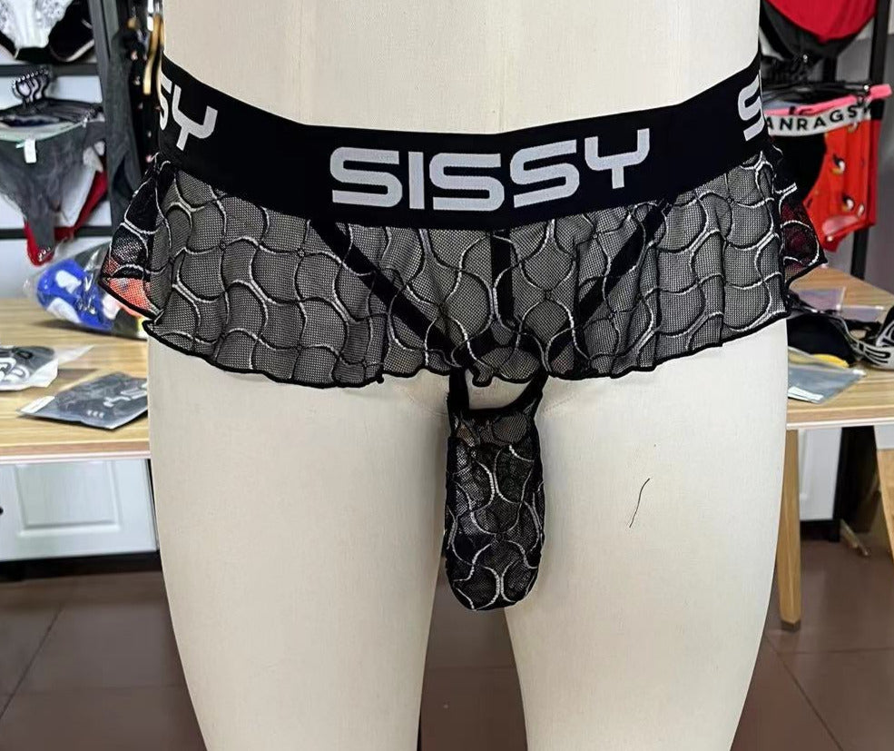 SISSY Tutu Skirt Mesh Fishnet Lace Jock Strap O Ring - Black/Silver