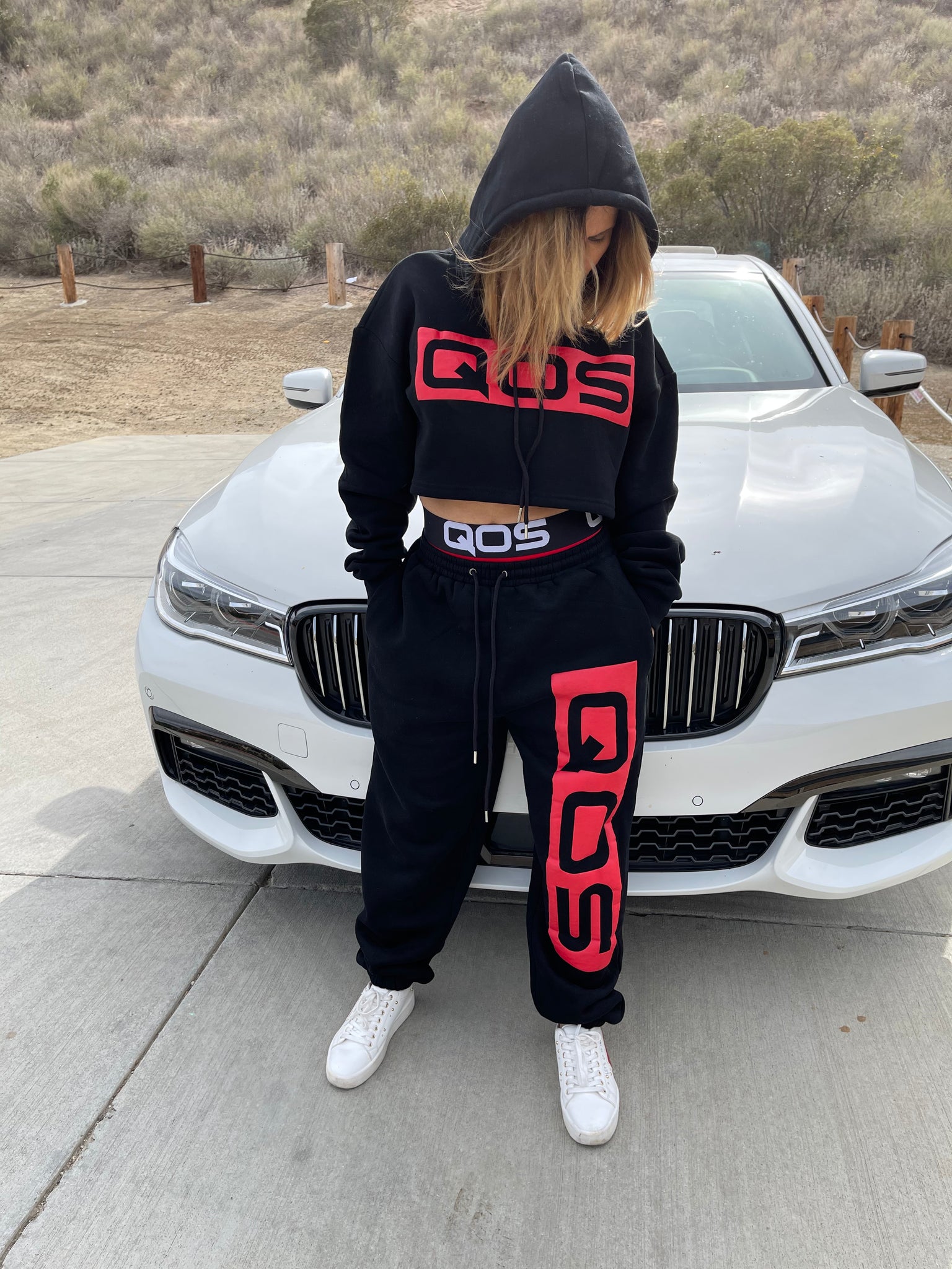 QOS BRAND 2 Piece Oversized Crop Top Hoodie and Jogger Set - BLACK/RED