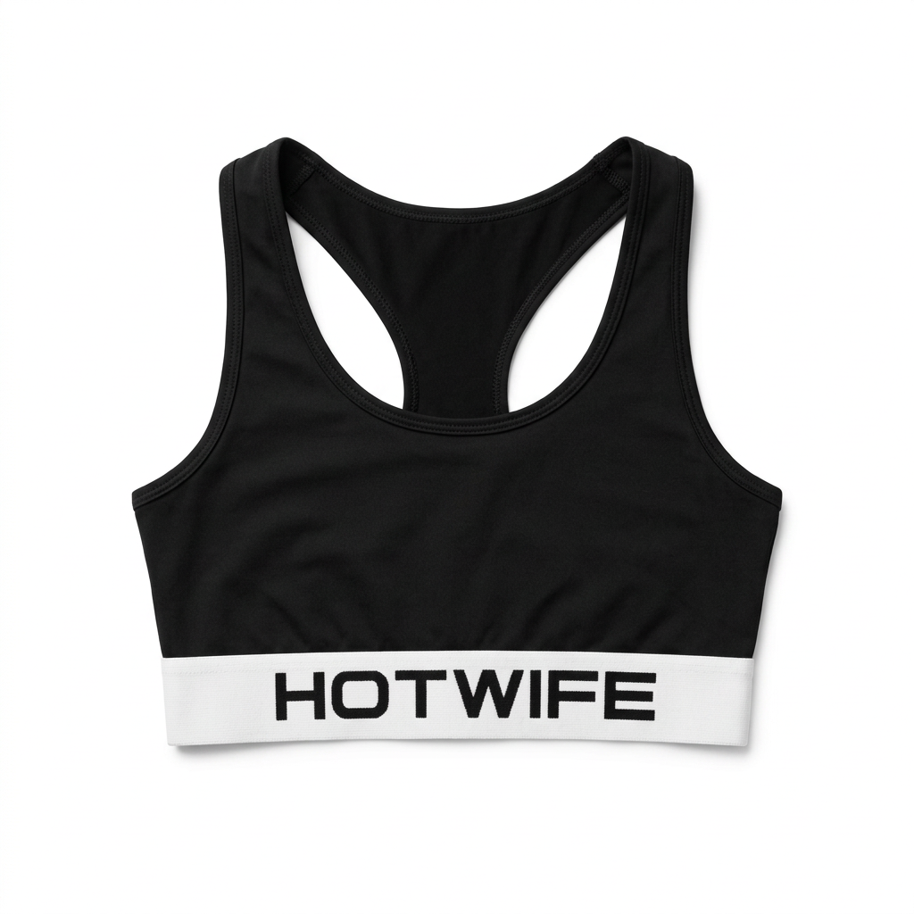 Black sports bra with 'HOTWIFE' band on a white background