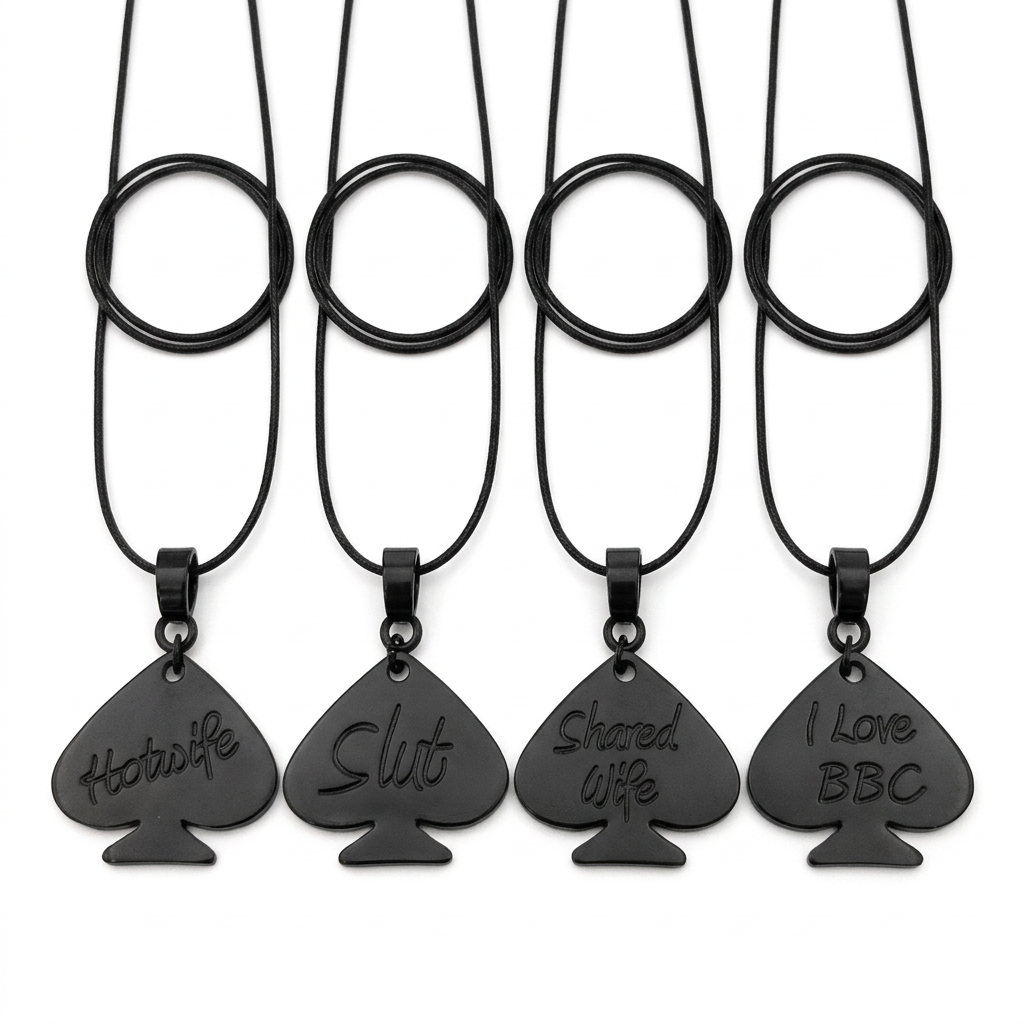 Four black metal pendant necklaces shaped like playing card suits, displayed on a white background. The pendants are engraved with the phrases 'Hate life', 'Shut', 'Shared life', and 'I Love BBC'.