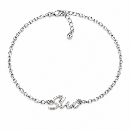 QOS Silver-Tone Cursive Single-Row Chain Bracelet