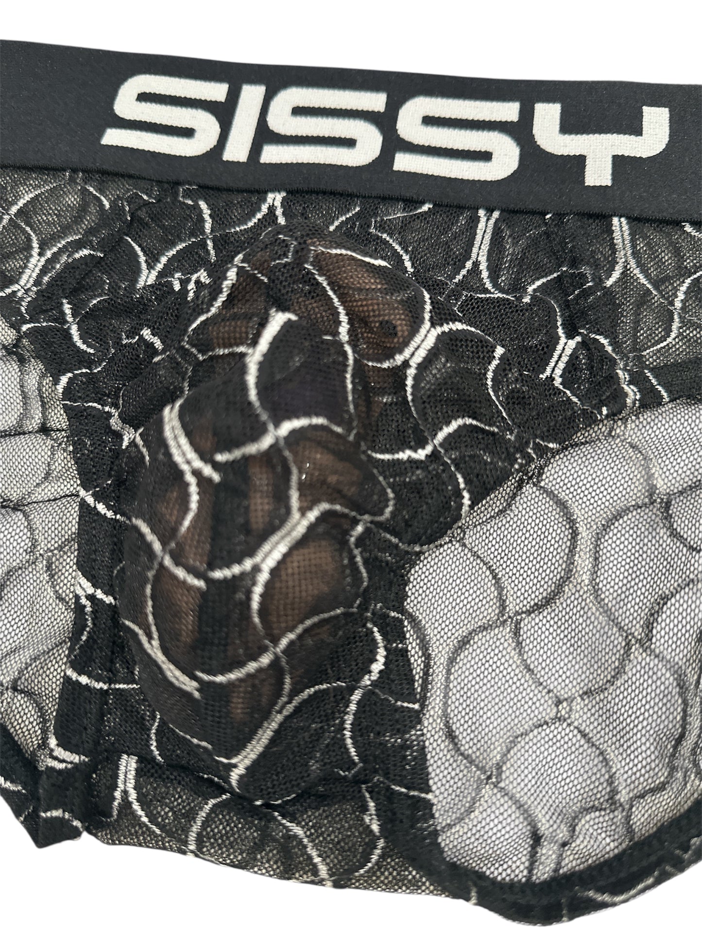 Black mesh underwear with 'SISSY' branding on a white background