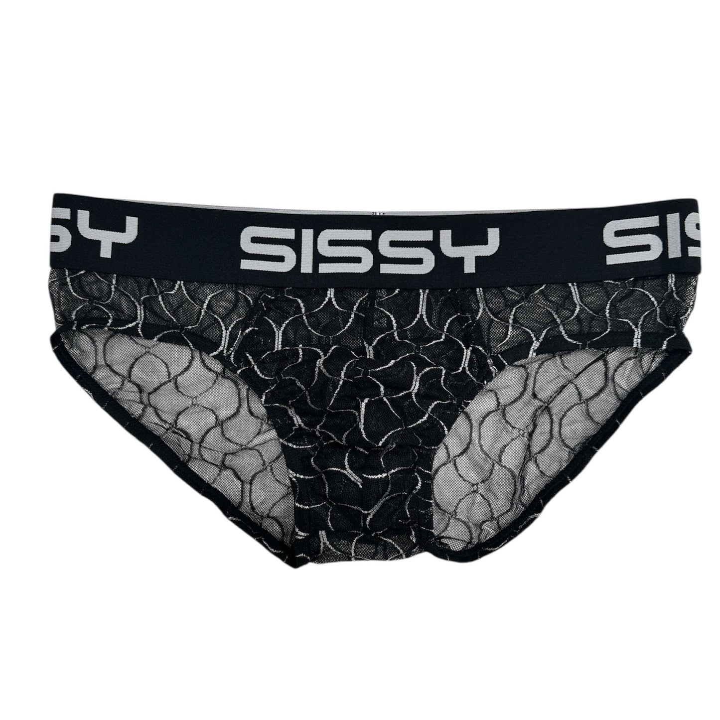 Black mesh underwear with 'SISSY' branding on a white background