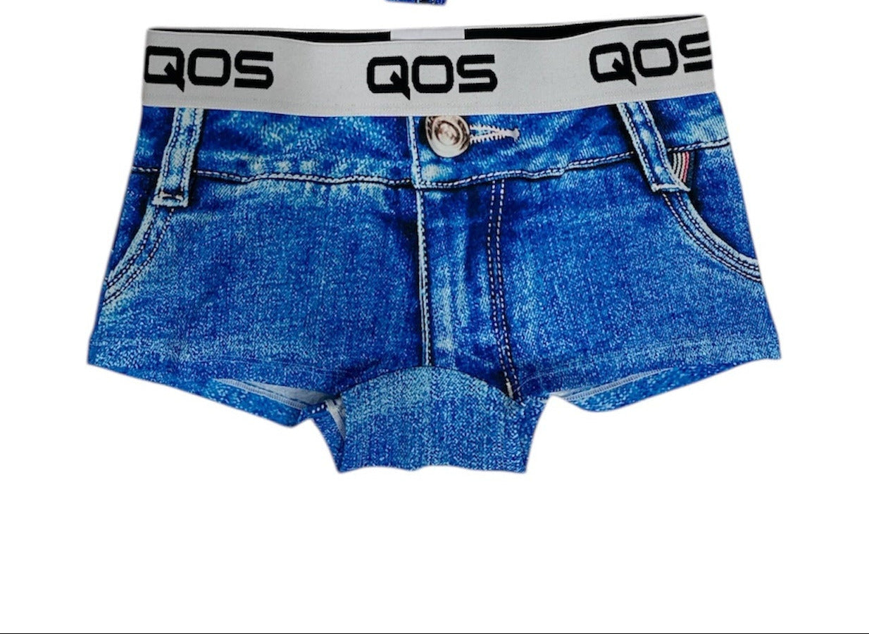 Blue denim-style sports bra, shorts, and thong set with 'QOS' branding on a white background.