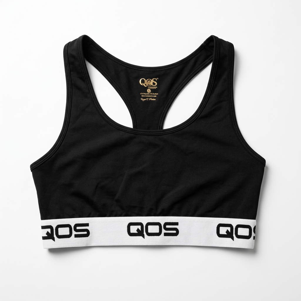 A black racerback sports bra with a wide white underband featuring the brand name 'QOS' printed in black, shown against a plain white background.