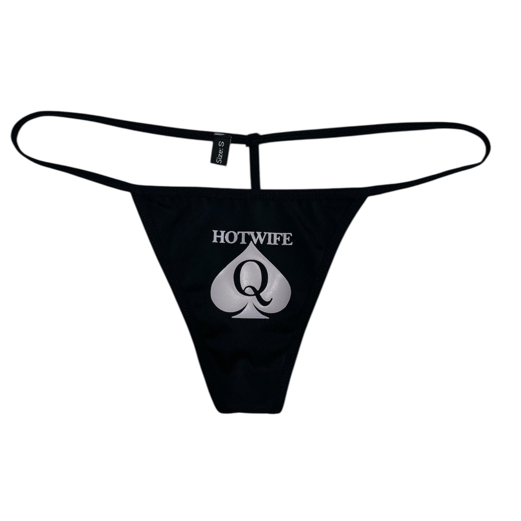 Black thong with 'Hotwife Q' logo on a white background