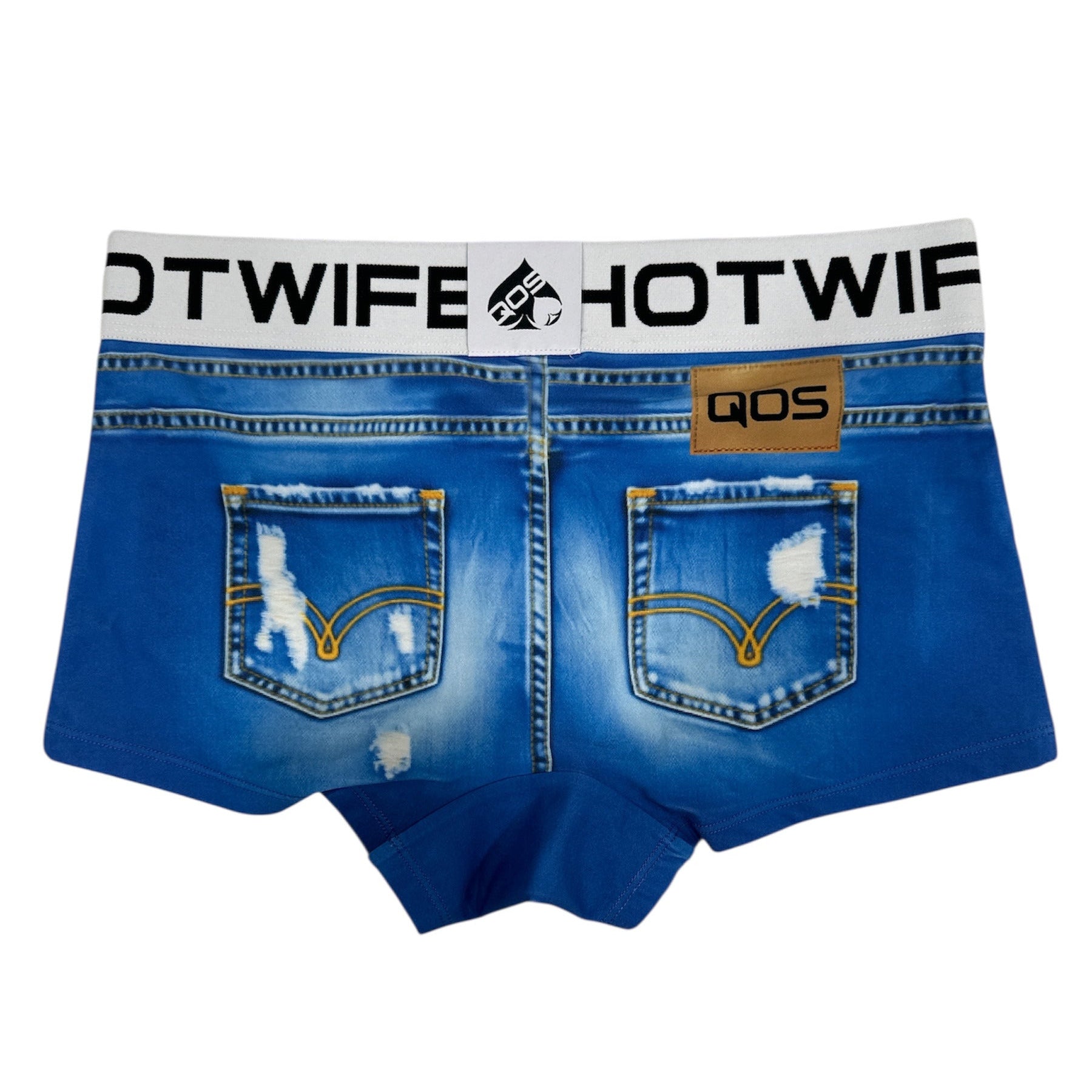 Blue men's underwear with 'HOTWIFE' branding on a white background