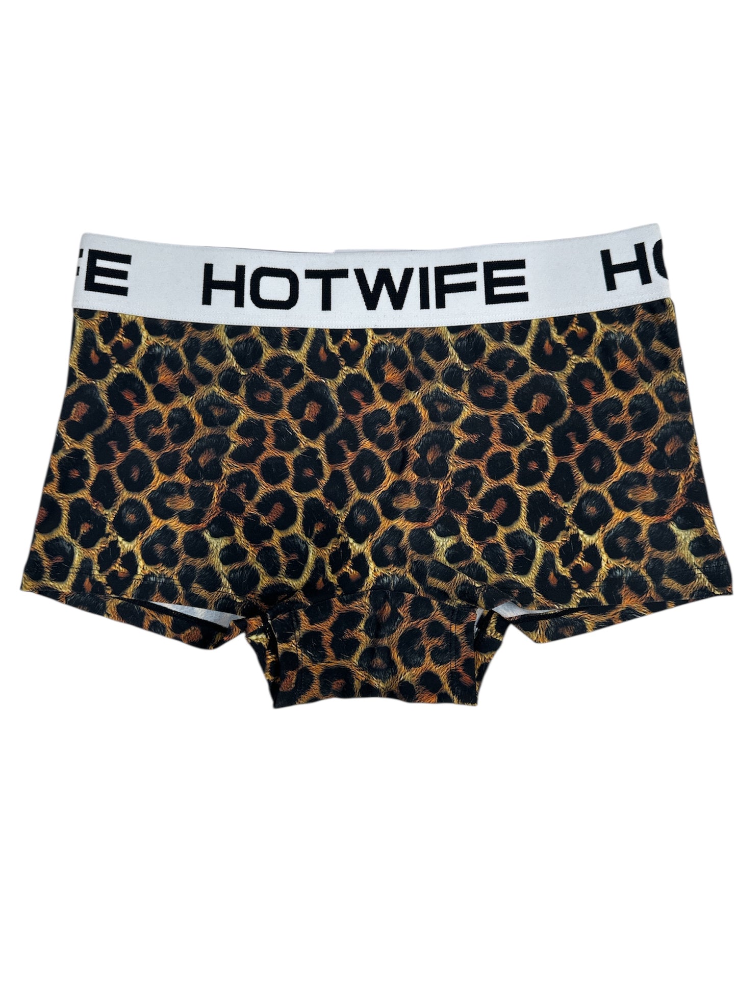 Leopard print boxer briefs with 'HOTWIFE' waistband on a white background