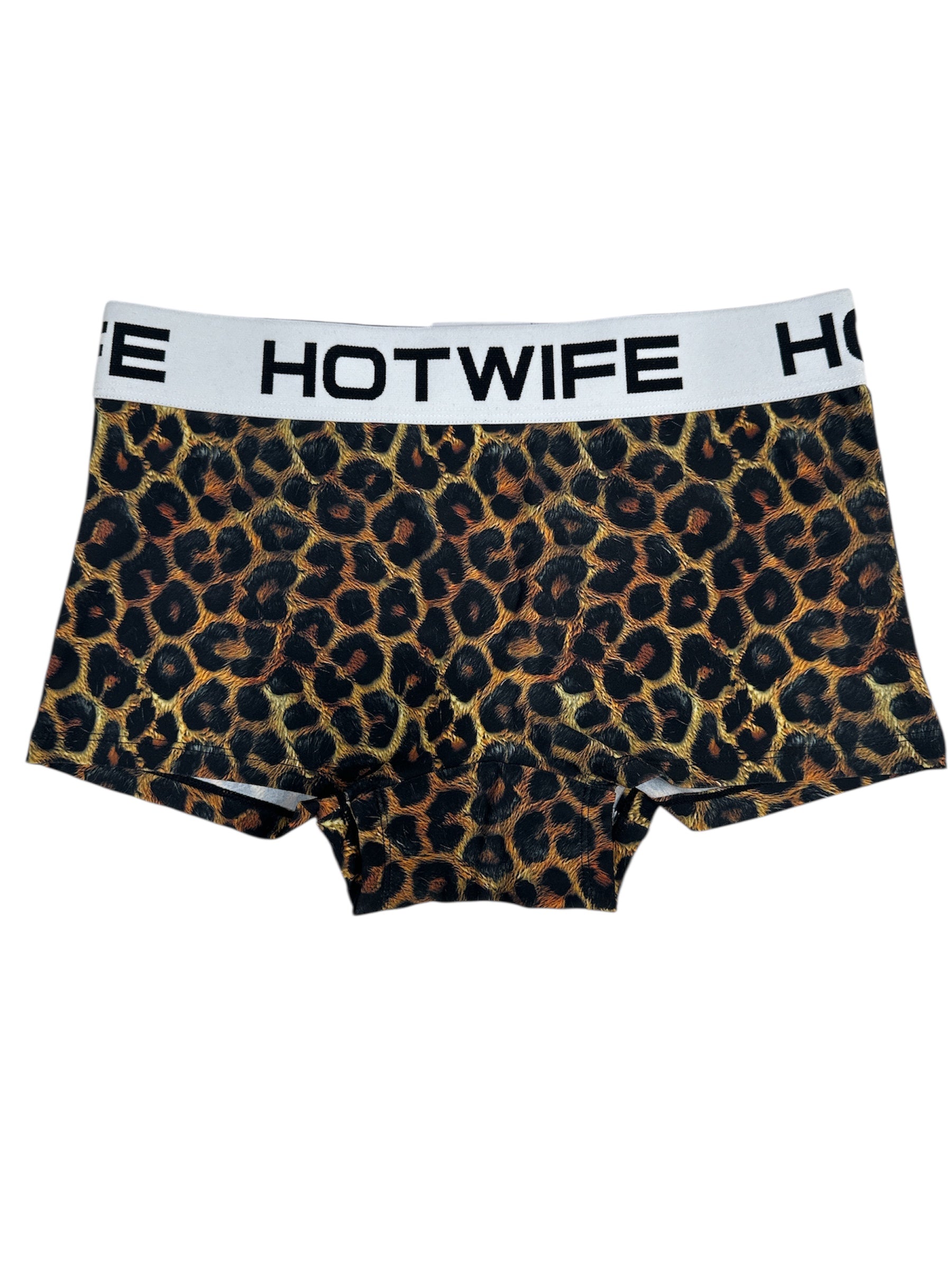 Leopard print boxer briefs with 'HOTWIFE' waistband on a white background
