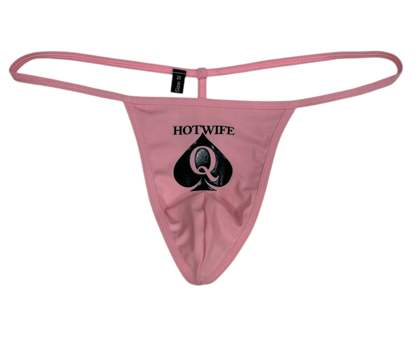 Pink thong with 'Hotwife Q+Spade' logo on a white background