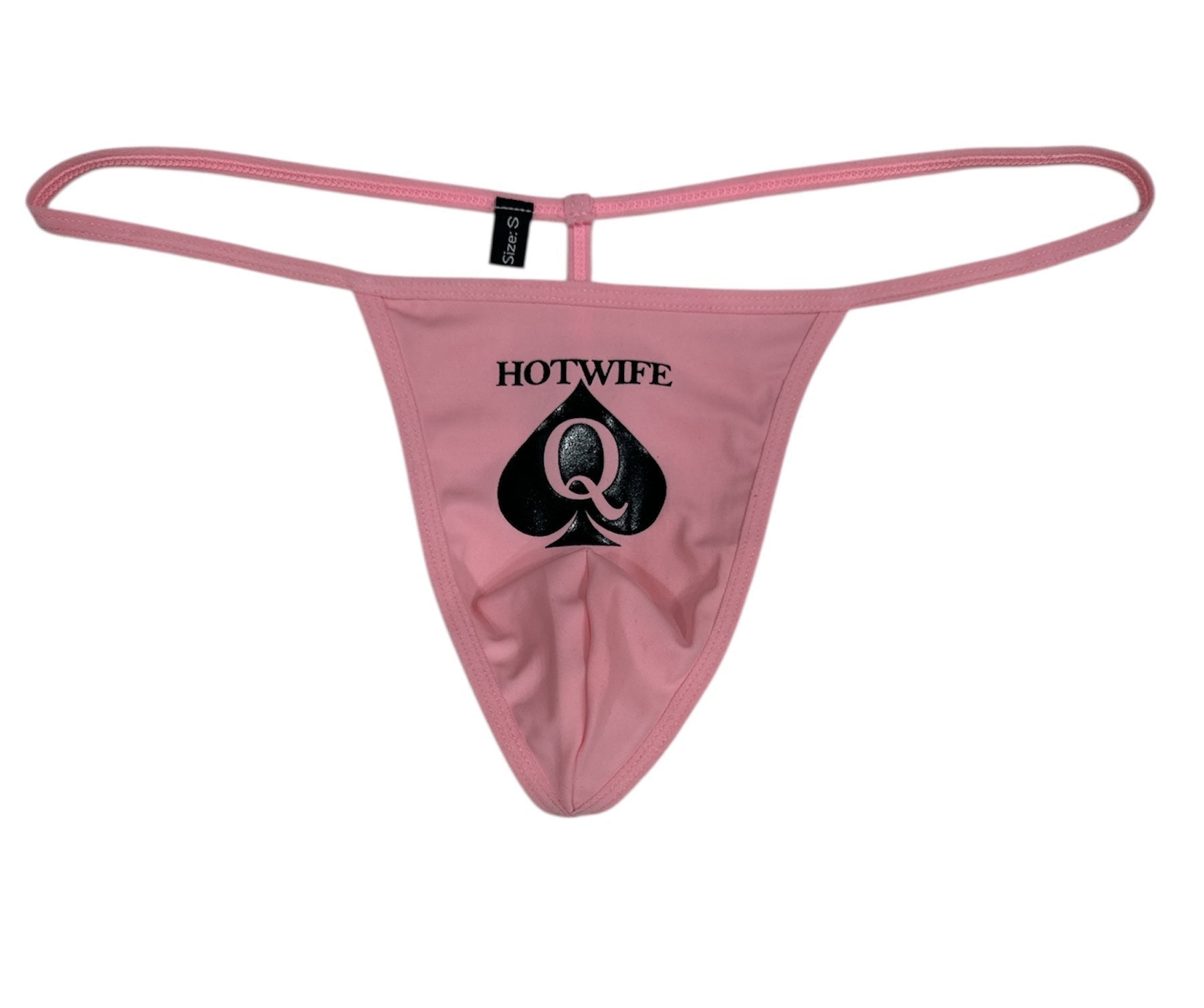 Pink thong with 'Hotwife Q+Spade' logo on a white background