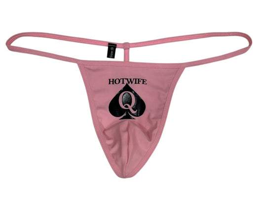 Pink thong with 'Hotwife Q+Spade' logo on a white background