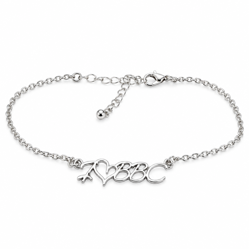 QOS Silver-Tone I Love Heart Script Chain Bracelet