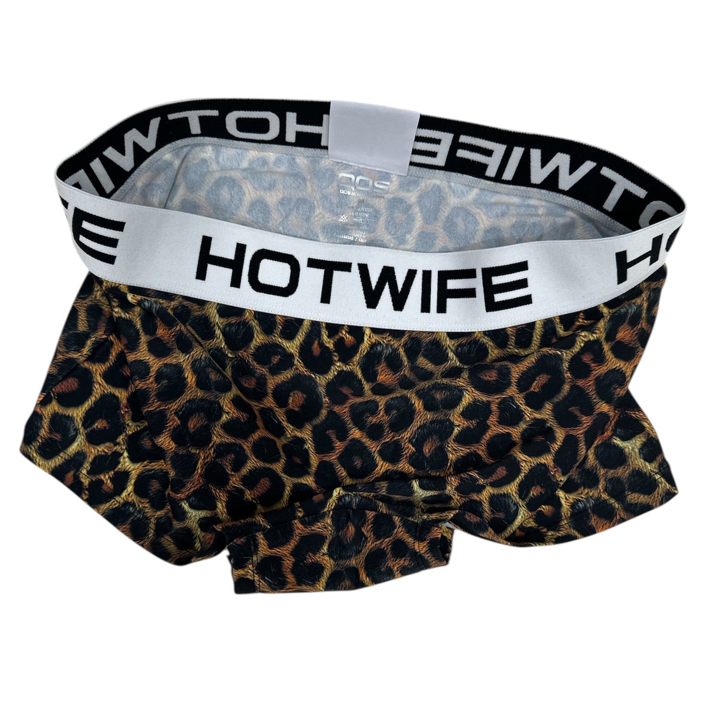 Leopard print boxer briefs with 'HOTWIFE' waistband on a white background