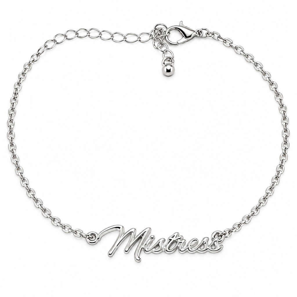 A silver chain bracelet with a script nameplate spelling 'Mia' and an adjustable lobster clasp, shown on a plain white background.