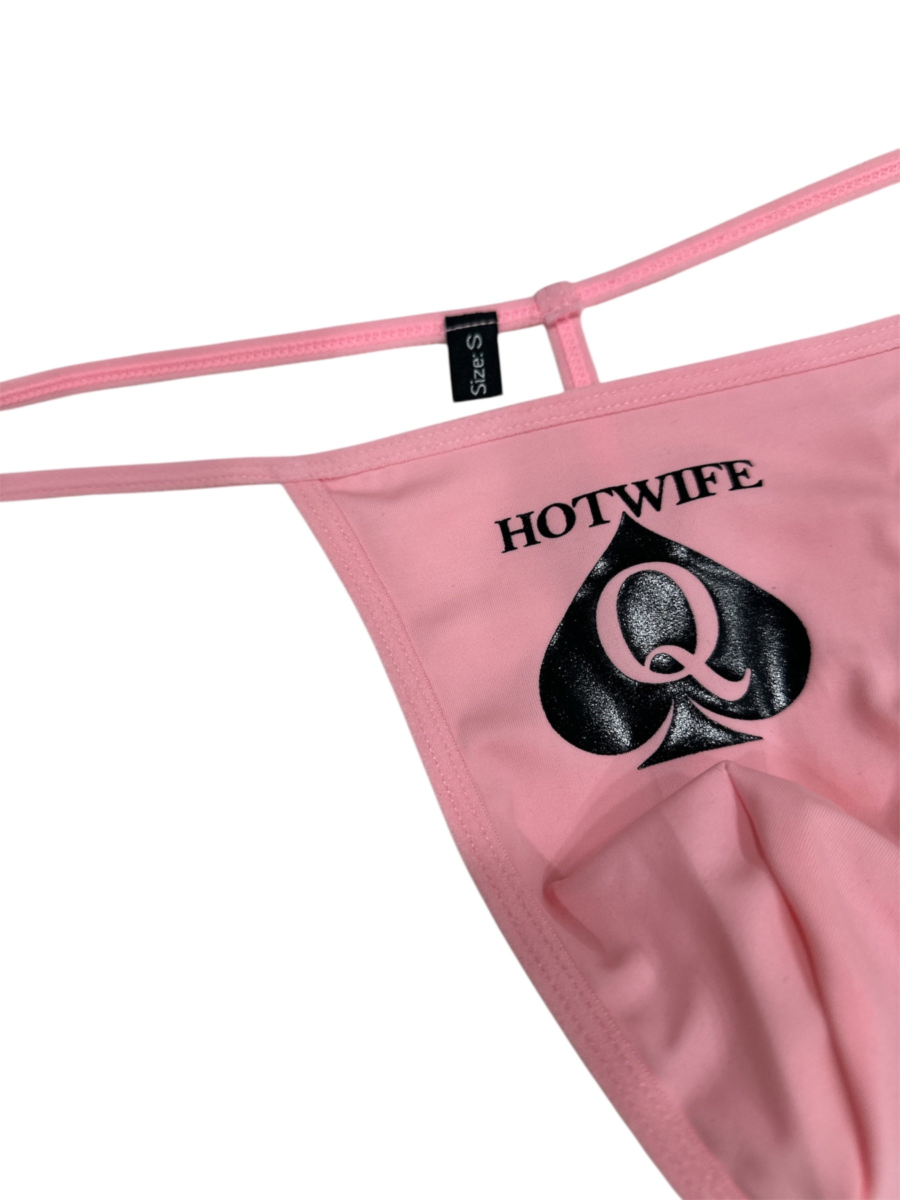 Pink thong with 'HOTWIFE Q' logo on a white background