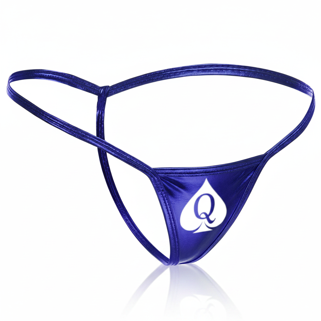 A metallic royal blue micro G-string with a QOS (Queen Of Spades) logo on the front.