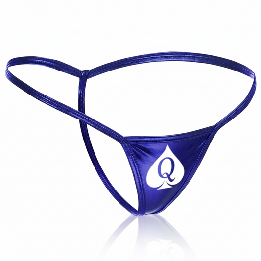 A metallic royal blue micro G-string with a QOS (Queen Of Spades) logo on the front.