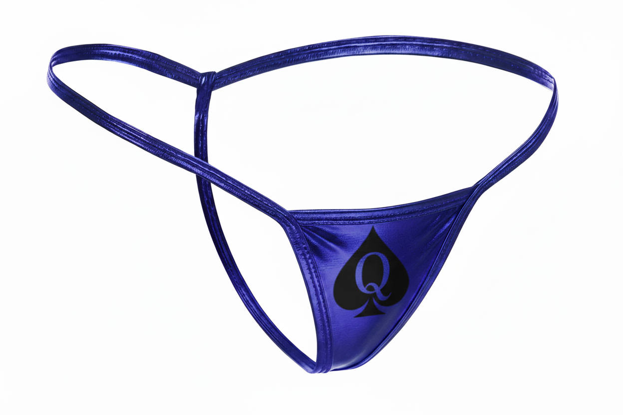 A metallic royal blue micro G-string with a QOS (Queen Of Spades) logo on the front.