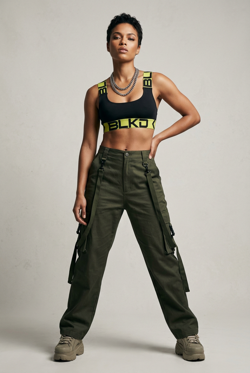 Black sports bra with yellow and black 'BLKD' branding on a white background