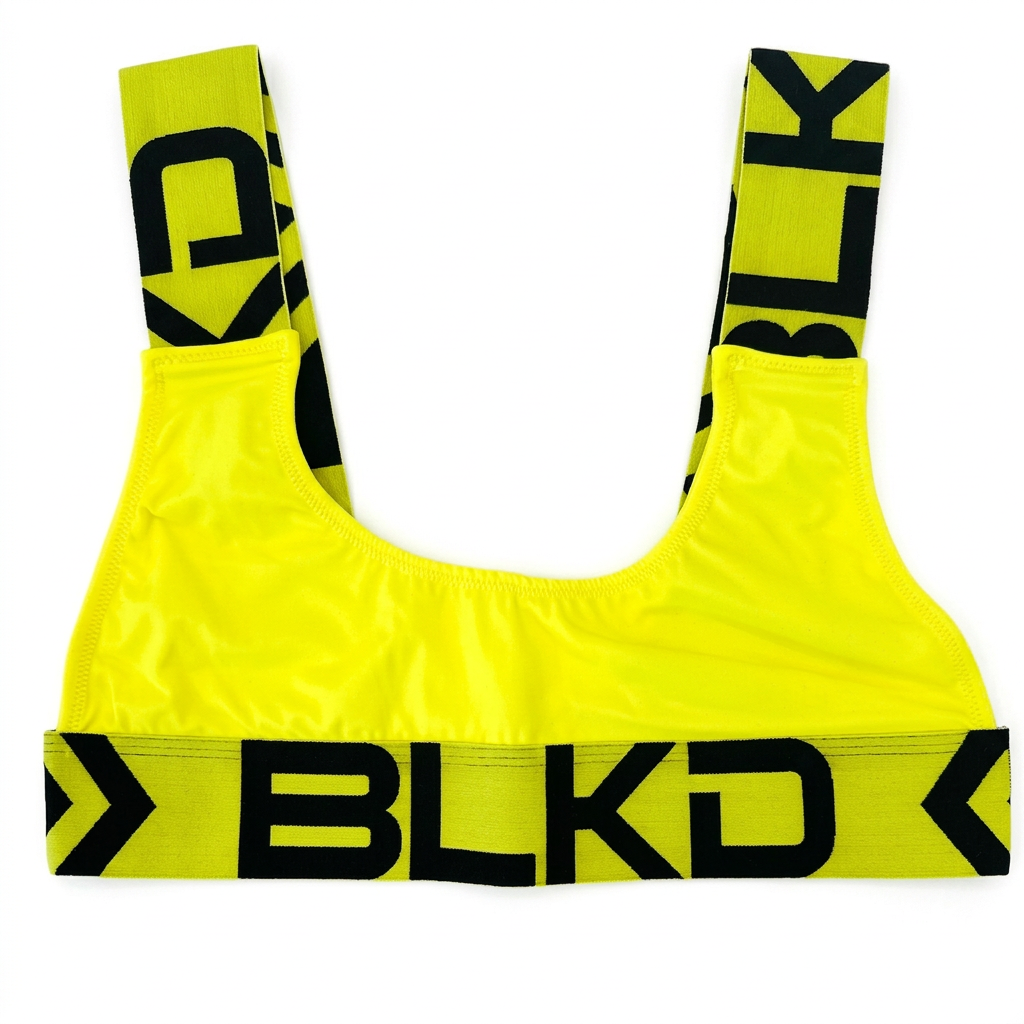 Yellow sports bra with black branding on a white background