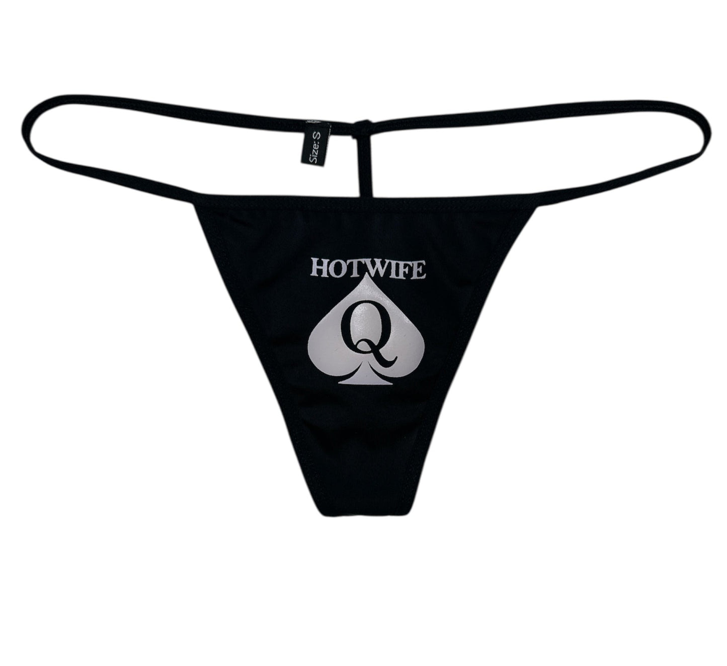 Black thong with 'Hotwife Q' logo on a white background