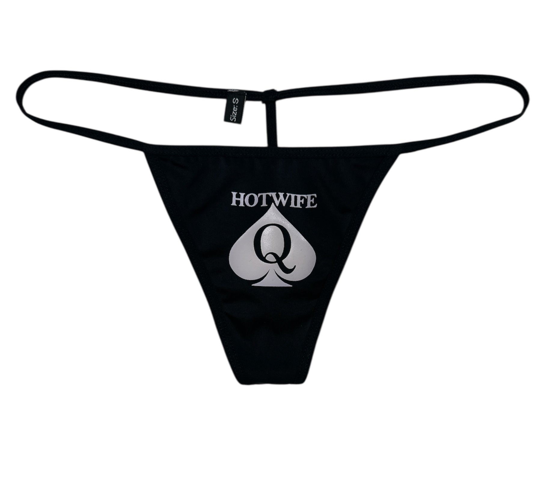 Black thong with 'Hotwife Q' logo on a white background