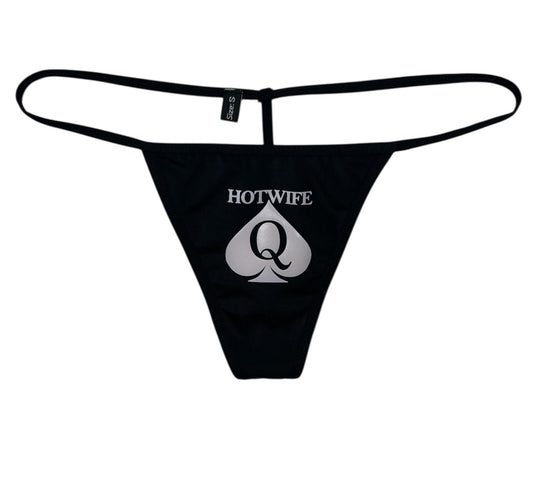 Black thong with 'Hotwife Q' logo on a white background