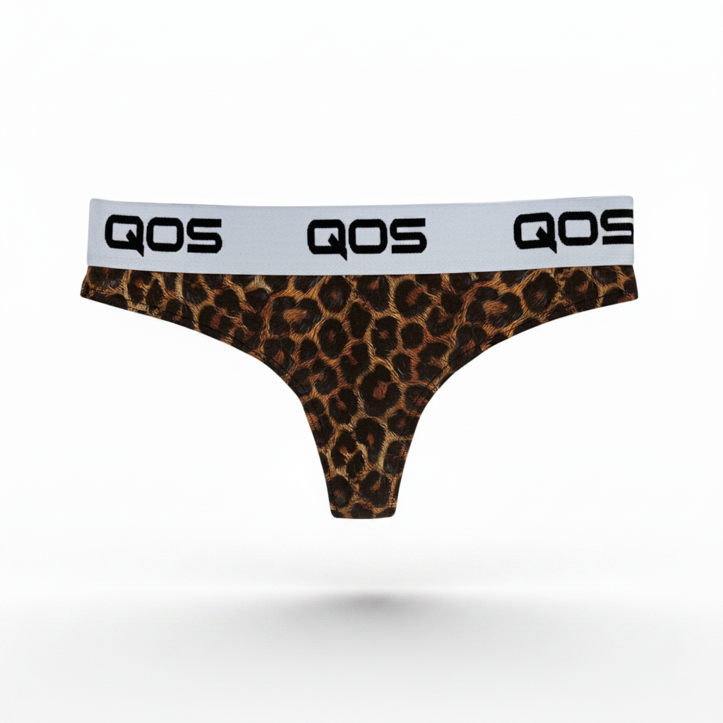 Leopard print thong with 'QOS' waistband on a white background