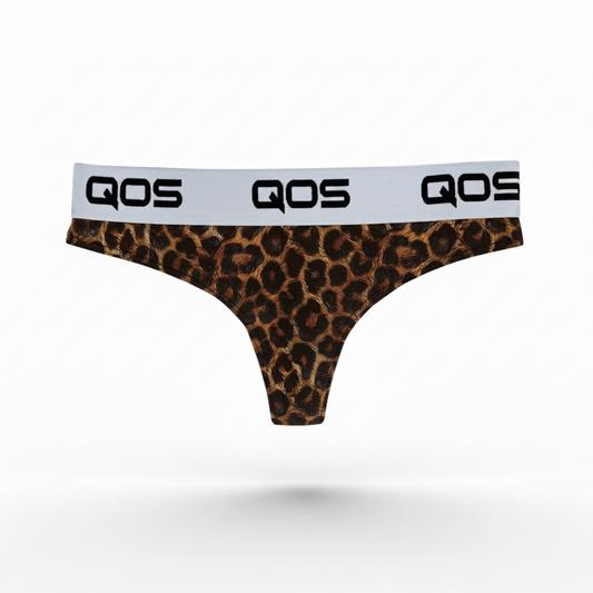 Leopard print thong with 'QOS' waistband on a white background