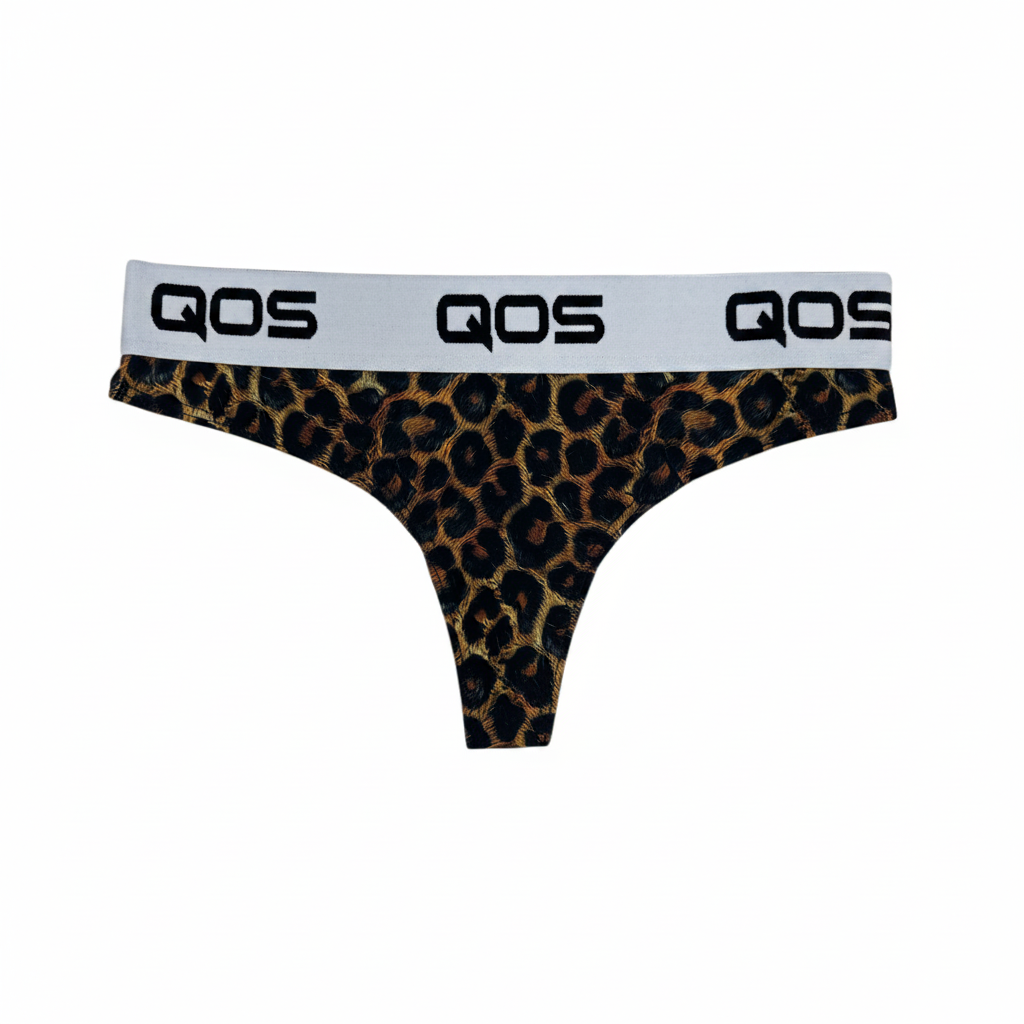Leopard print thong with 'QOS' waistband on a white background
