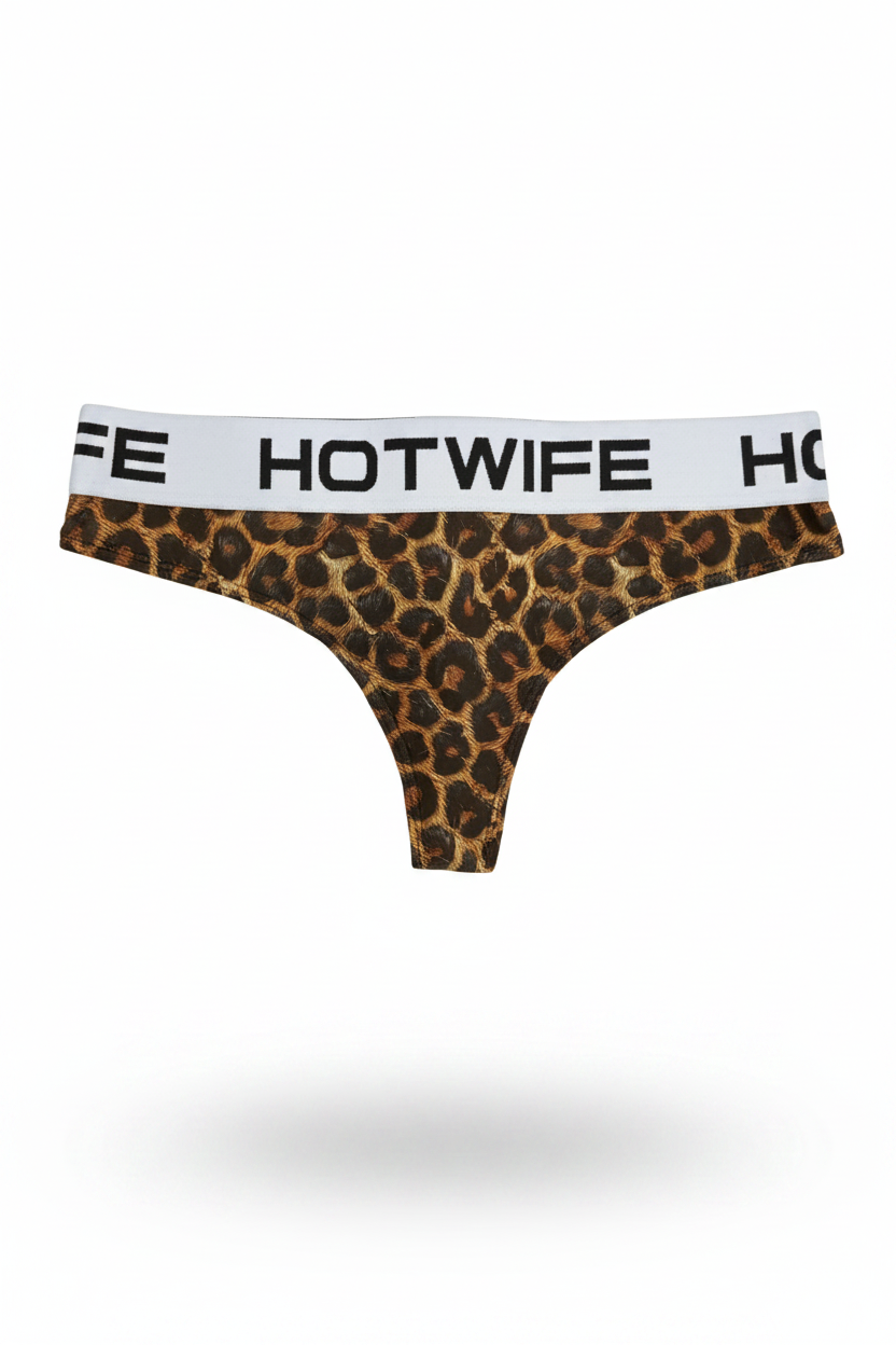 Leopard print thong with 'HOTWIFE' waistband on a white background