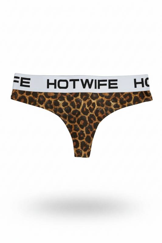 Leopard print thong with 'HOTWIFE' waistband on a white background