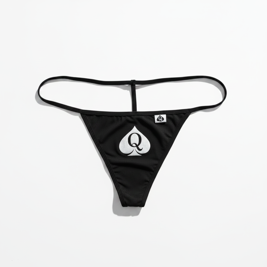 Black g-string bikini bottom with a large silver playing card spade logo on the front and a small brand tag on the right side, shown against a plain white background.