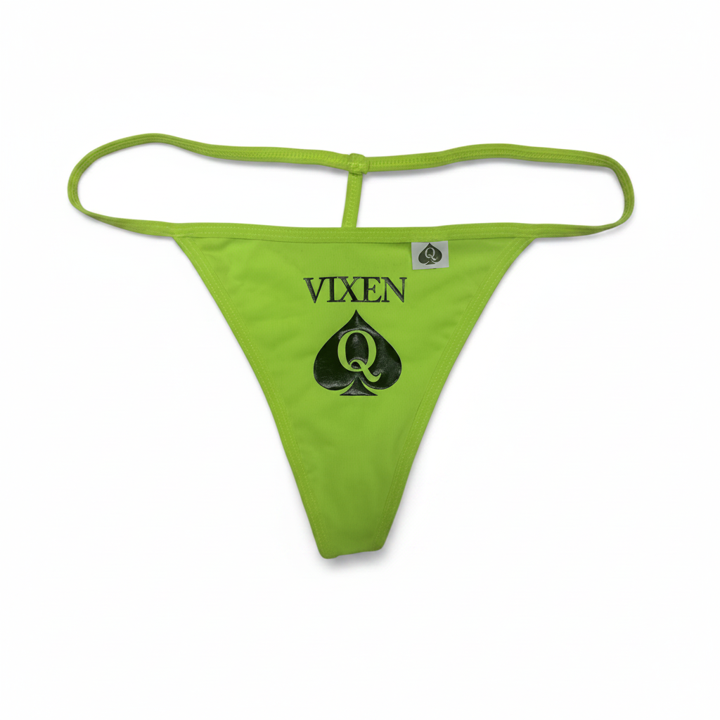 A lime green thong-style bikini bottom with a black and green aces spade graphic and the word 'VIXEN' printed on the front, shown against a plain white background.