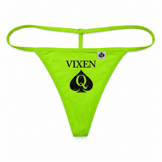 A lime green thong-style bikini bottom with a black and green aces spade graphic and the word 'VIXEN' printed on the front, shown against a plain white background.