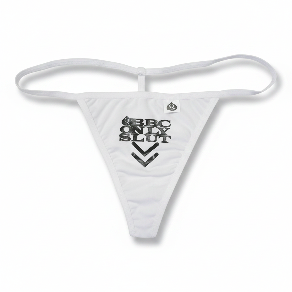 A light gray thong-style bikini bottom with a thin waistband and a black graphic print reading 'BBC ONLY SLOT' on the front, shown against a plain white background.