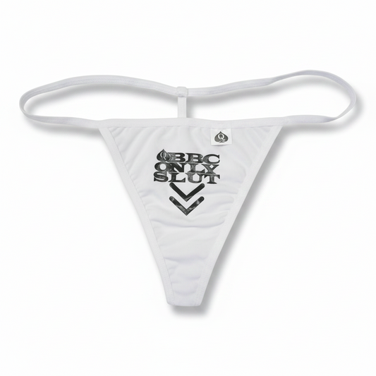 A light gray thong-style bikini bottom with a thin waistband and a black graphic print reading 'BBC ONLY SLOT' on the front, shown against a plain white background.