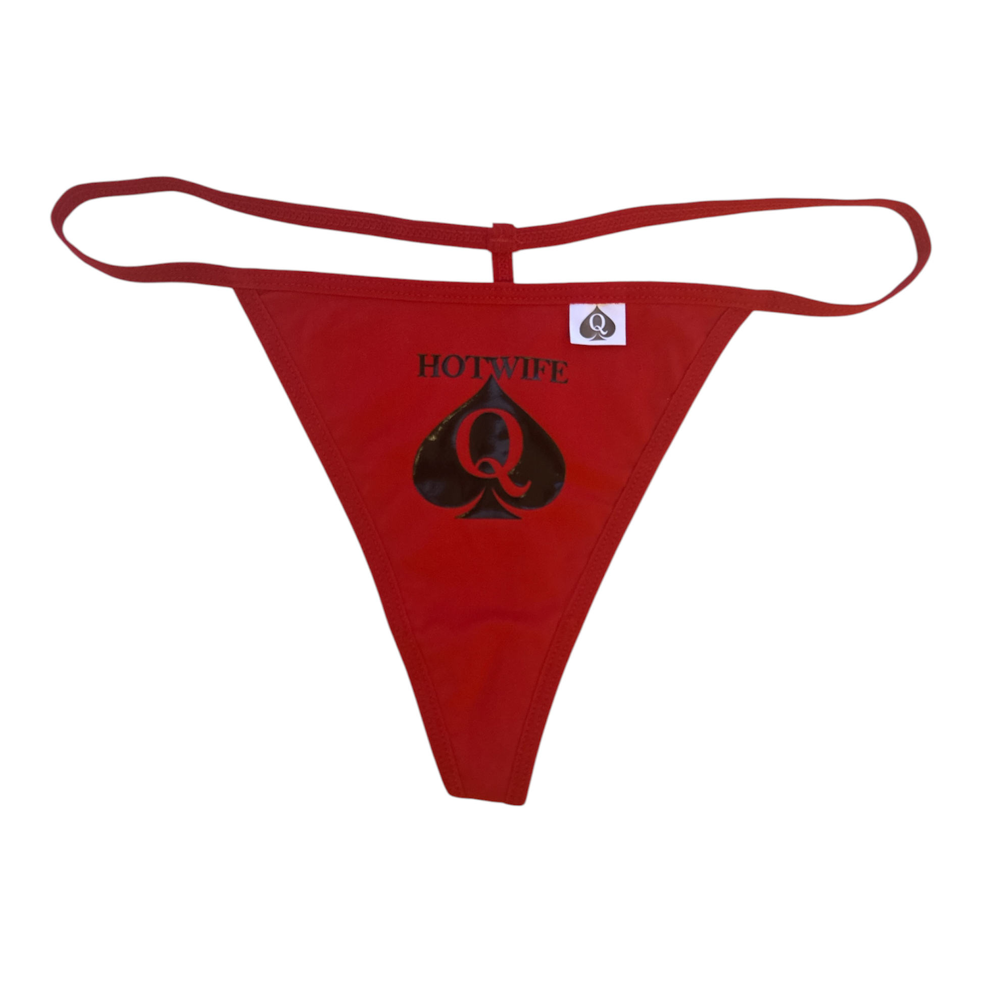 Red thong-style lingerie with a black spade graphic and the word 'HOTWIFE' printed on the front, shown on a plain white background.