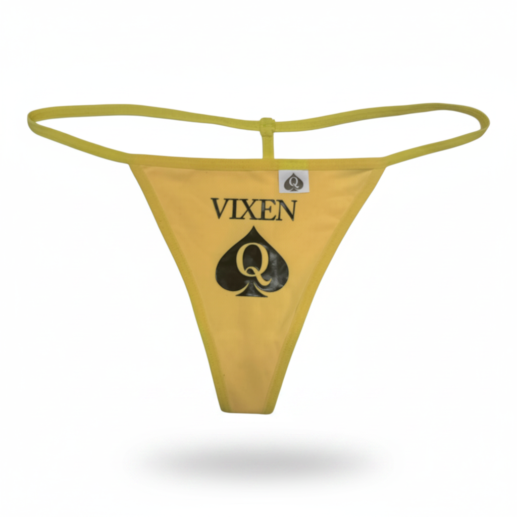 Yellow bikini thong with a black spade graphic containing a gold 'Q' and the word 'VIXEN' printed on the front, shown against a plain white background.