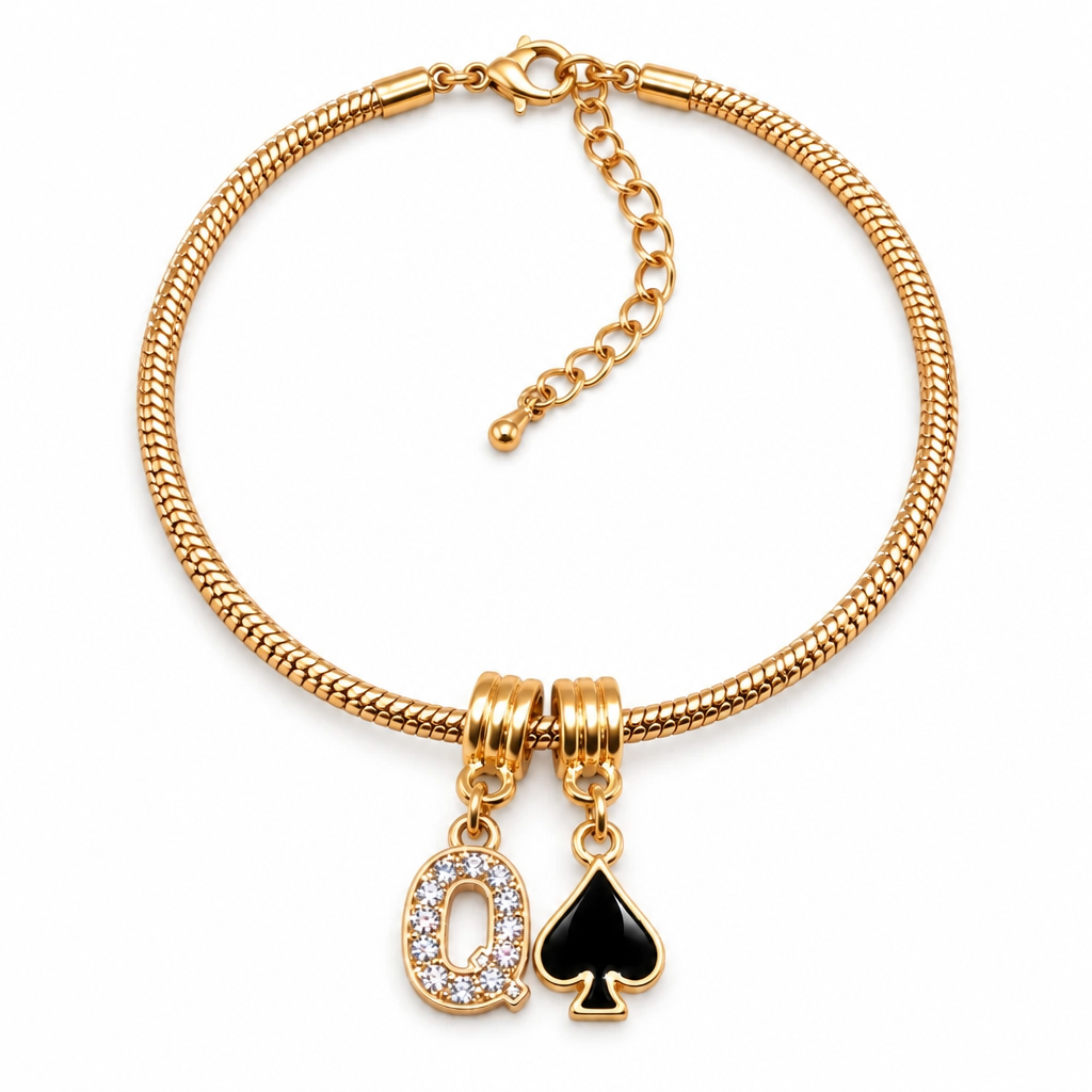 QOS Crystal Q & Black Spade Snake Chain Anklet