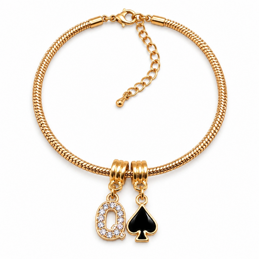 QOS Crystal Q & Black Spade Snake Chain Anklet